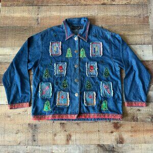 Vintage New Directions Denim Christmas Jacket With Festive Embroidery & Patches